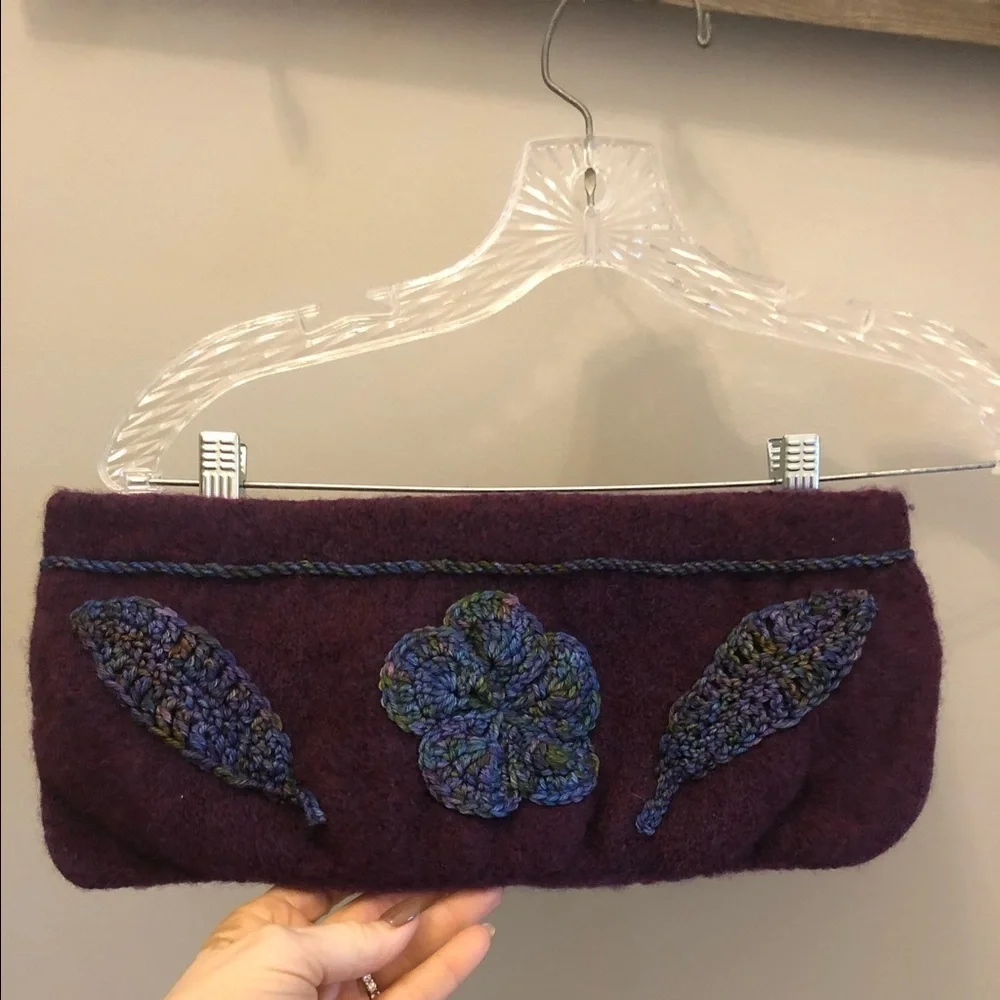 Wool Felted Bag Clutch Crochet Floral Trim Lined Purple Snap Closure